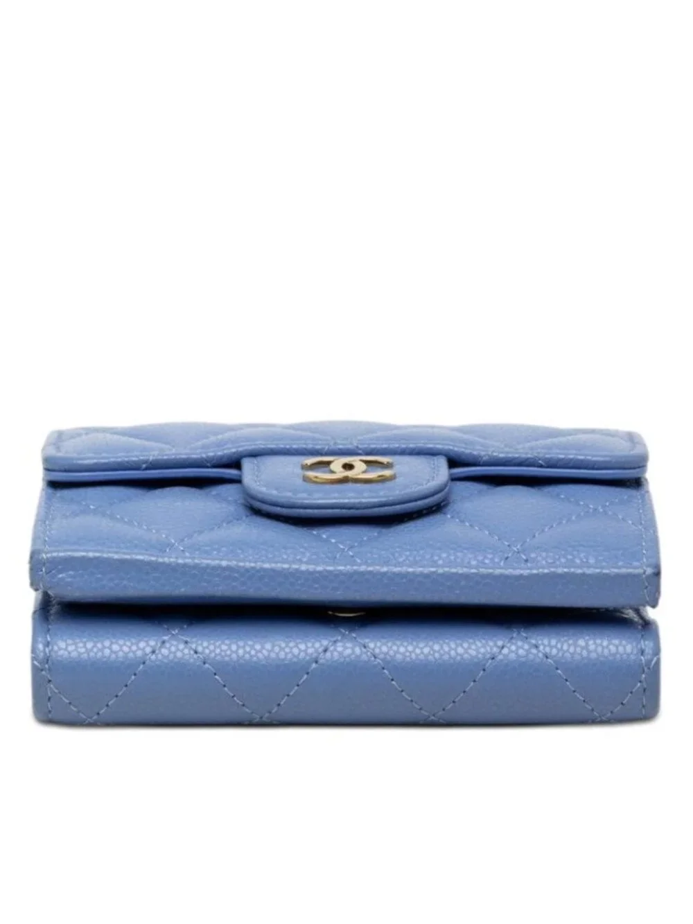 Chanel CC Logo Quilted Trifold Wallet Compact Blue Gold Caviar Leather